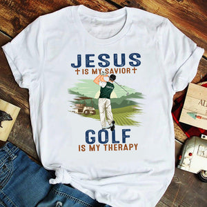 Jesus Is My Savior Golf Is My Therapy - Personalized Shirts - Gift for Golfers - Back Golfer - Shirts - GoDuckee