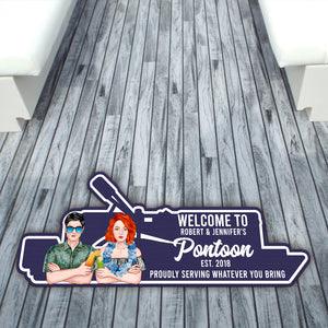 Pontoon Boat Shape Doormat - Personalized Hawaii Wreath Couple - Welcome To Pontoon - Doormat - GoDuckee