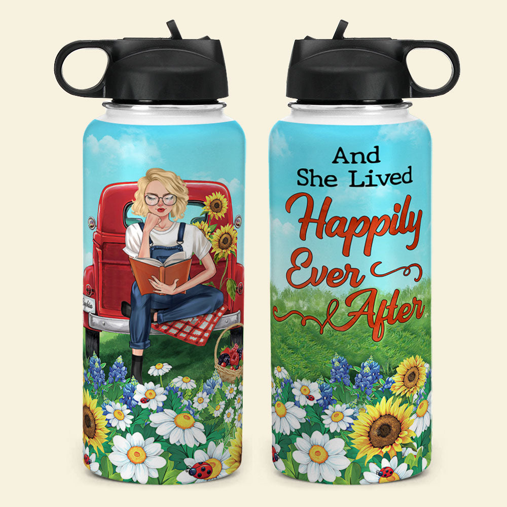 Personalized Reading Girl Water Bottle - And She Lived Happily Ever After - Flower Garden - Water Bottles - GoDuckee