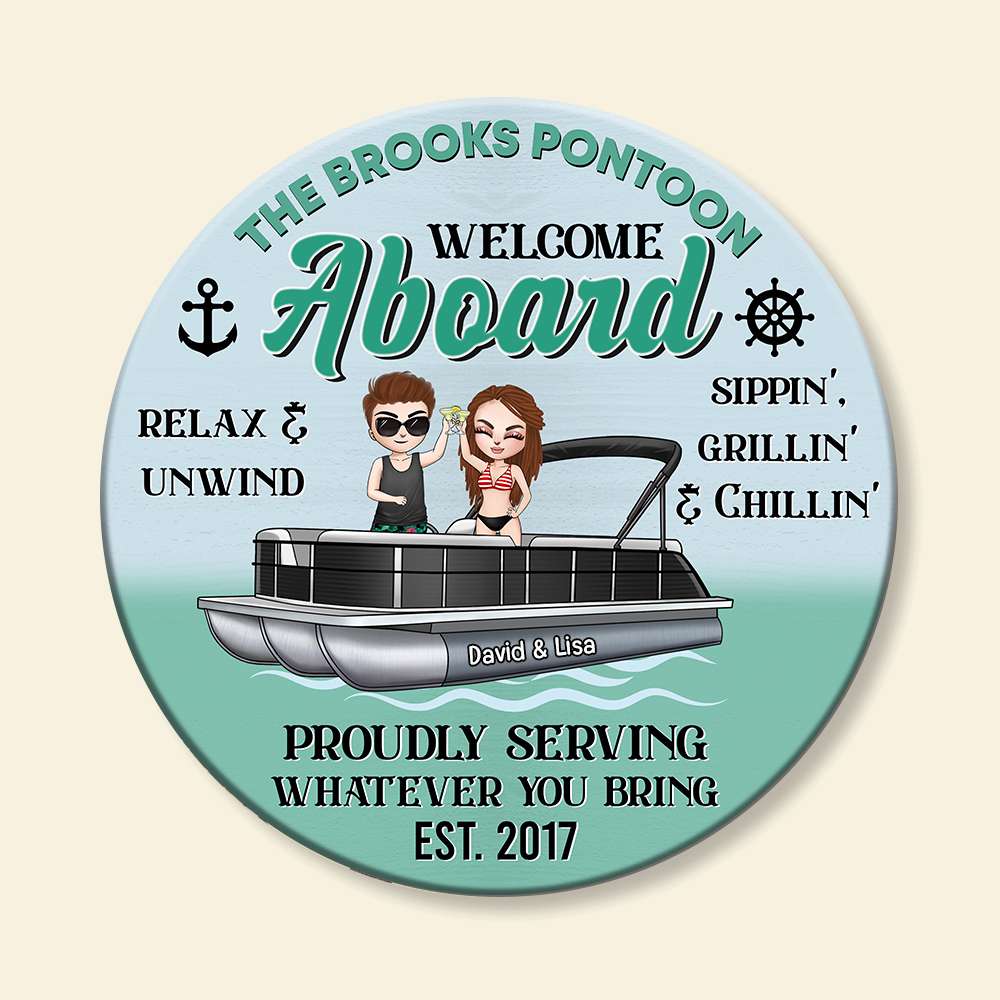 Pontoon Welcome Abroad - Personalized Round Wooden Sign - Gift for Pontoon Lovers - Wood Sign - GoDuckee