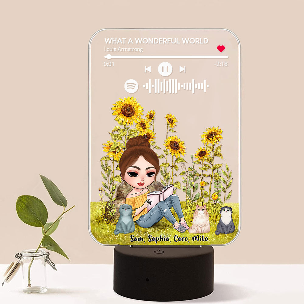 Personalized Book Garden Cat Lover Led Night Light - Reading Girl And Cats - Led Night Light - GoDuckee