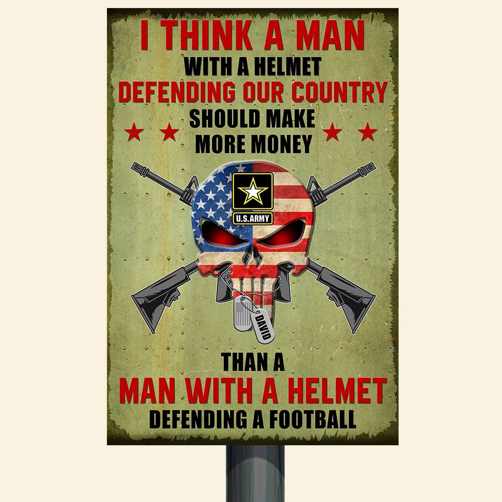 A Man With A Helmet Defending Our Country, Personalized Metal Sign, Military Gifts, Custom Military Unit - Metal Wall Art - GoDuckee