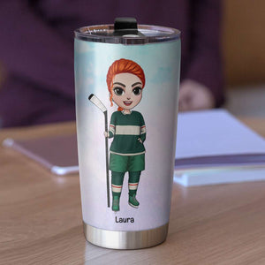 Personalized Hockey Mom Tumbler - Pre Game Ritual I Will Behave Myself - Female Hockey Front View - Tumbler Cup - GoDuckee