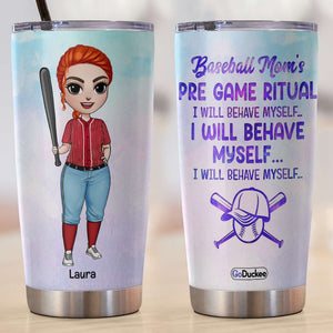 Personalized Baseball Mom Tumbler - Pre Game Ritual - Female Baseball Front View - Tumbler Cup - GoDuckee
