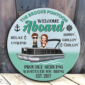 Pontoon Welcome Abroad - Personalized Round Wooden Sign - Gift for Pontoon Lovers - Wood Sign - GoDuckee