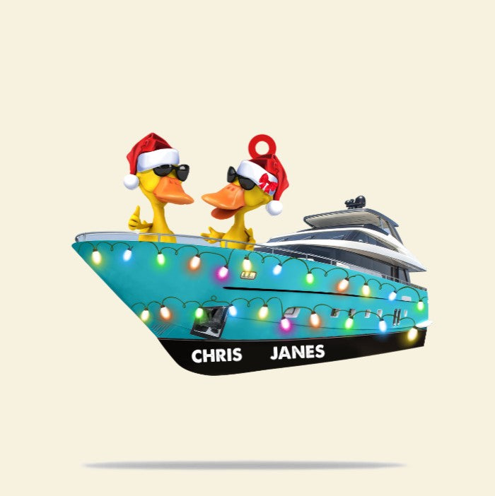 Yacht and Yellow Ducks - Personalized Christmas Ornament - Couple Gift for Yacht Lovers - Ornament - GoDuckee
