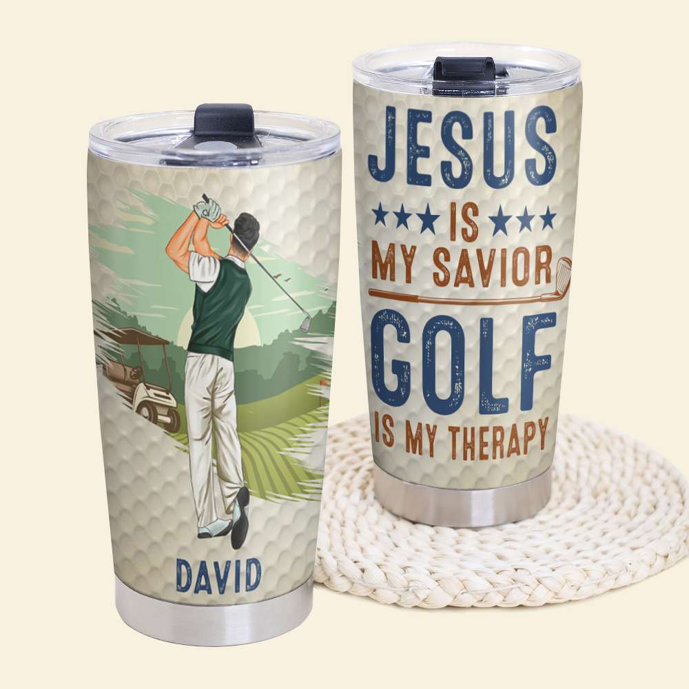 Personalized Golf Tumbler - Jesus Is My Savior Golf Is My Therapy - Tumbler Cup - GoDuckee