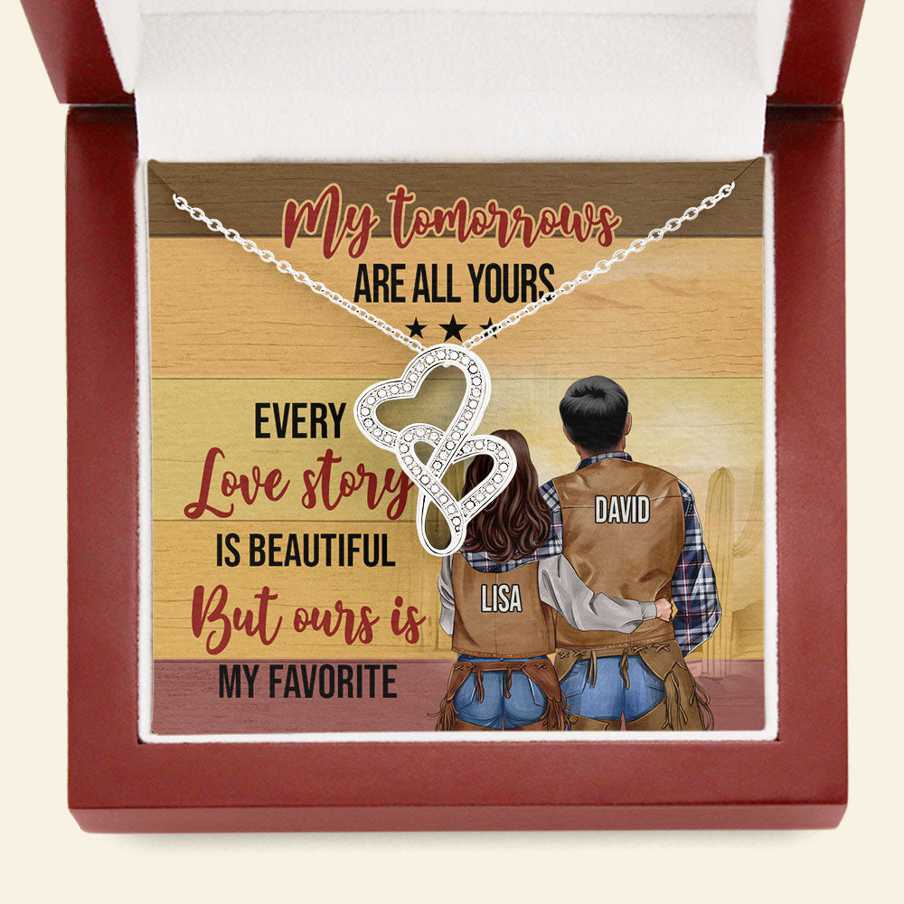 But Ours Is My Favorite - Personalized Double Heart Necklace - Gift For Cowboy & Cowgirl - Couple Shoulder To Shoulder - Jewelry - GoDuckee