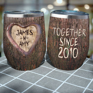Valentine Wine Tumbler - Custom Couple's Name & Year - Together Since - Heart Carved In Tree Theme - Wine Tumbler - GoDuckee