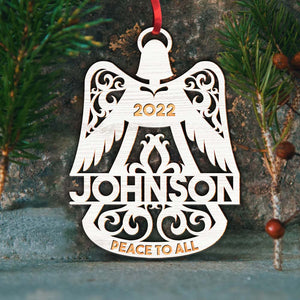 Personalized Memorial Wood Ornament - Angel Wings Bell Shape, Peace To All - Ornament - GoDuckee