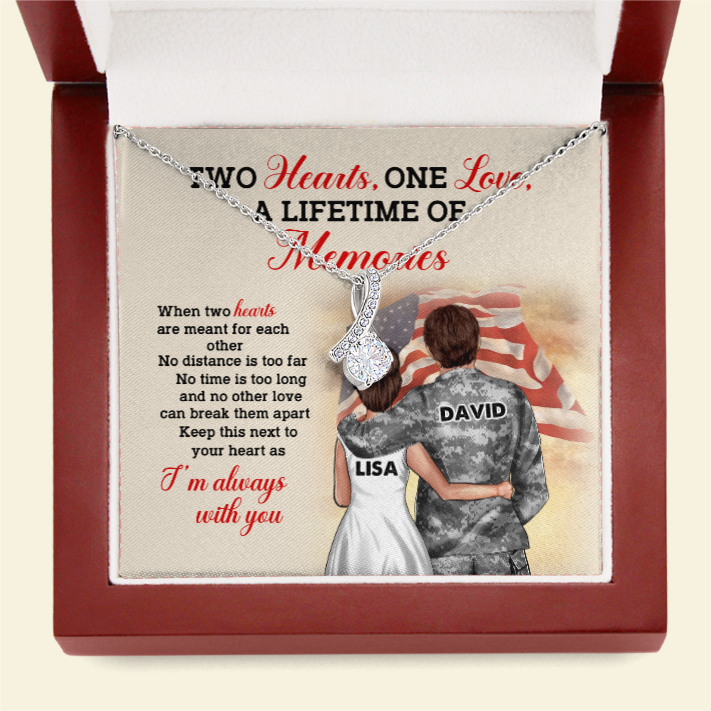 Personalized US Military Couple - Alluring Beauty Necklace - Two Hearts One Love, A Lifetime Of Memories Message Card - Jewelry - GoDuckee