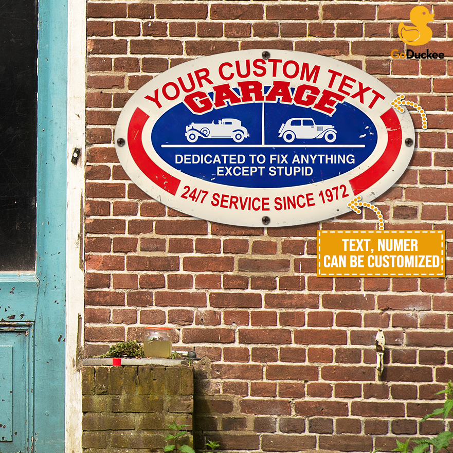 Antique Car Metal Sign - Custom Garage's Name and Year - Dedicated to fix anything, - Metal Wall Art - GoDuckee