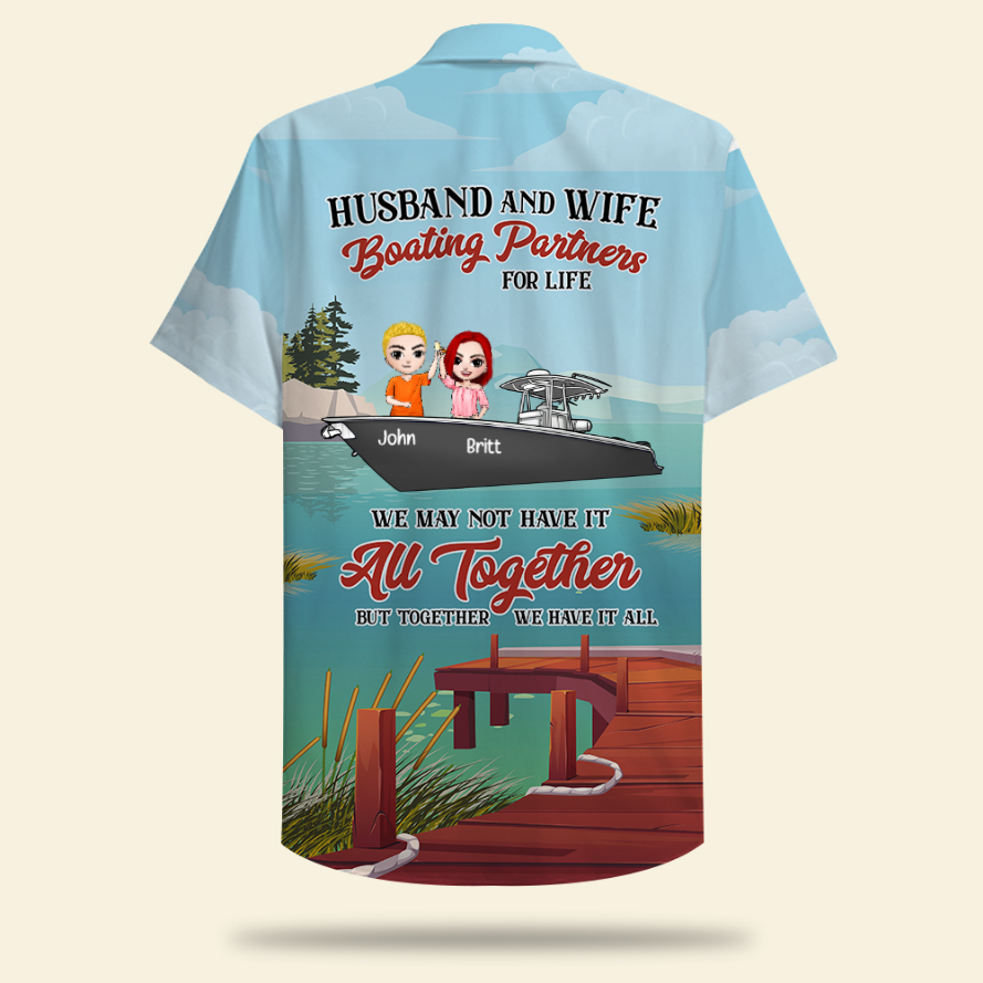 Personalized Boating Couple Hawaiian Shirt - Husband & Wife, Boating Partners For Life - Lake Background - Hawaiian Shirts - GoDuckee