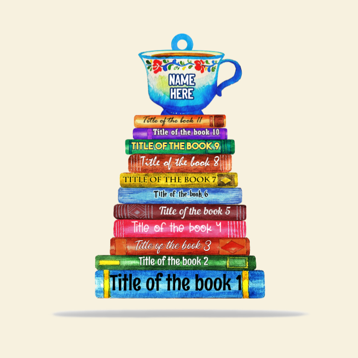 Bookstack - Custom Quote, Book Title with Drink - Personalized Flat Car Ornament - Watercolor Gift for Bookworms - Ornament - GoDuckee