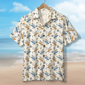 Surfing Hawaiian Shirt - Surfing Shark & Palm Trees Pattern - Hawaiian Shirts - GoDuckee
