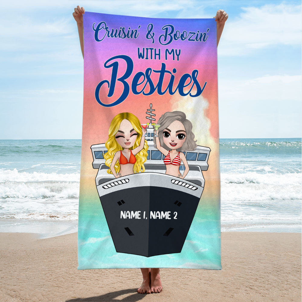 Cruisin' And Boozin' With My Besties - Personalized Beach Towel - Gifts For Best Friends, Cruising Sister, Besties frd2104 Fol8-Vd2 - Beach Towel - GoDuckee