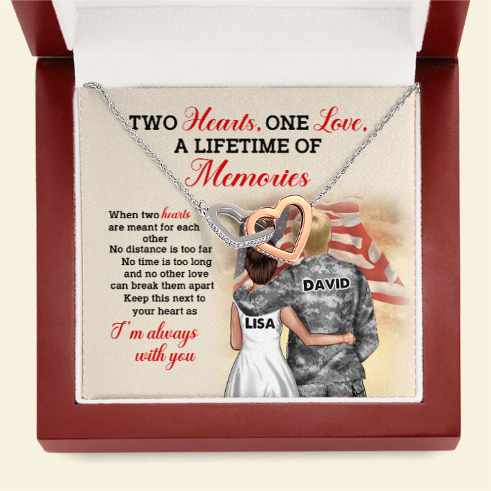 Personalized US Military Couple - Interlocking Hearts Necklace - Two Hearts One Love, A Lifetime Of Memories Message Card - Jewelry - GoDuckee