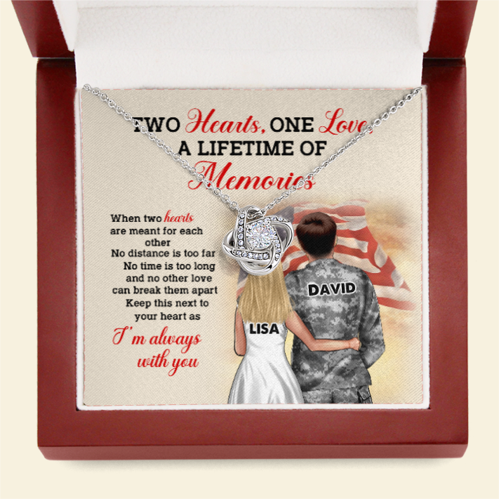 Personalized US Military Couple - Love Knot Necklace - Two Hearts One Love, A Lifetime Of Memories Message Card - Jewelry - GoDuckee
