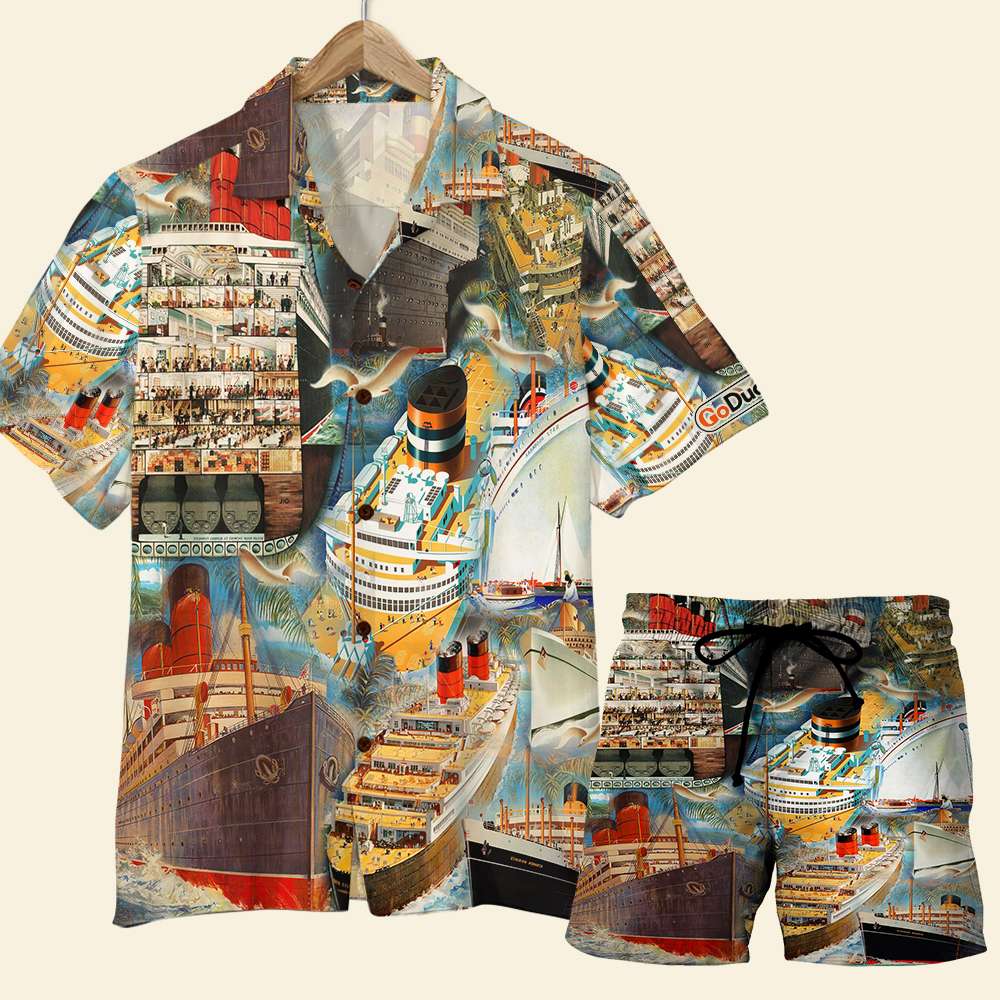 Cruising Hawaiian Shirt & Men Beach Shorts - Ship Pattern - GoDuckee