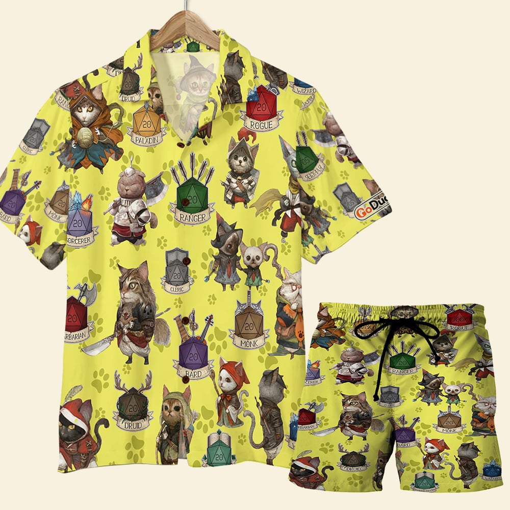D & D Shirt and Beach Shorts, Gift For Game Lovers, D & D Cat Character Pattern - Hawaiian Shirts - GoDuckee