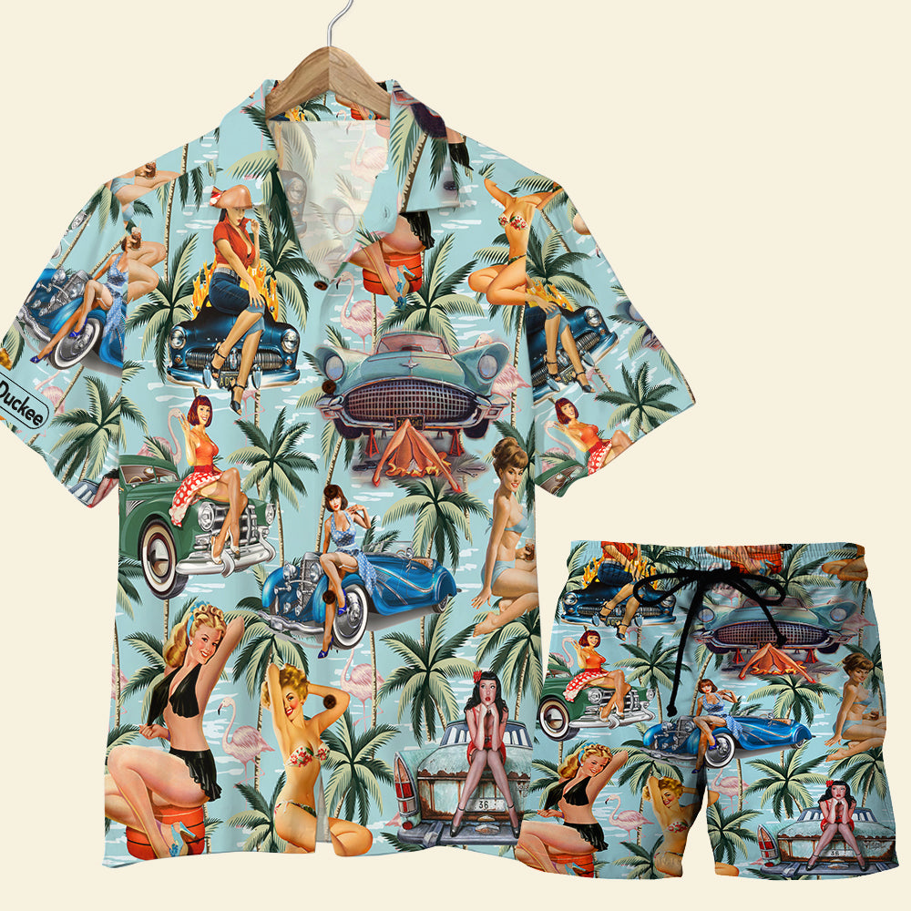 Classic Car Pinup Girl Shirt and Beach Shorts - Gift For Car Lovers - Hawaiian Shirts - GoDuckee