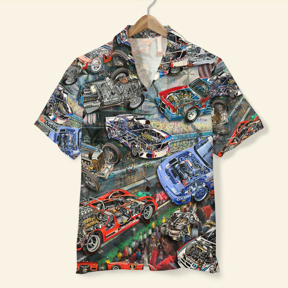 Car Racing Cutaway Hawaiian Shirt and Shorts, Gift For Racing Lovers, race track background - Hawaiian Shirts - GoDuckee