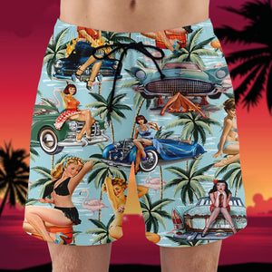 Classic Car Pinup Girl Shirt and Beach Shorts - Gift For Car Lovers - Hawaiian Shirts - GoDuckee