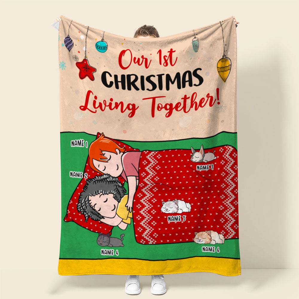 Personalized Cartoon Sleeping Couple & Cat Breeds Blanket - Our 1st Christmas Living Together - Blanket - GoDuckee