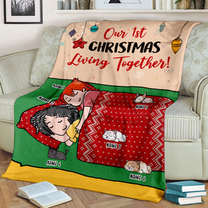 Personalized Cartoon Sleeping Couple & Cat Breeds Blanket - Our 1st Christmas Living Together - Blanket - GoDuckee