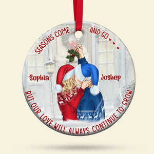 Couple Kissing Under Mistletoes Personalized Ceramic Circle Ornament - Ornament - GoDuckee