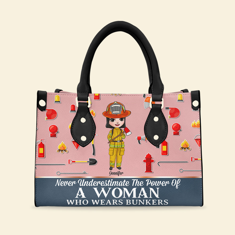 Firefighter Never Underestimate The Power Of A Woman Who Wears Bunkers - Personalized Leather Bag - Leather Bag - GoDuckee
