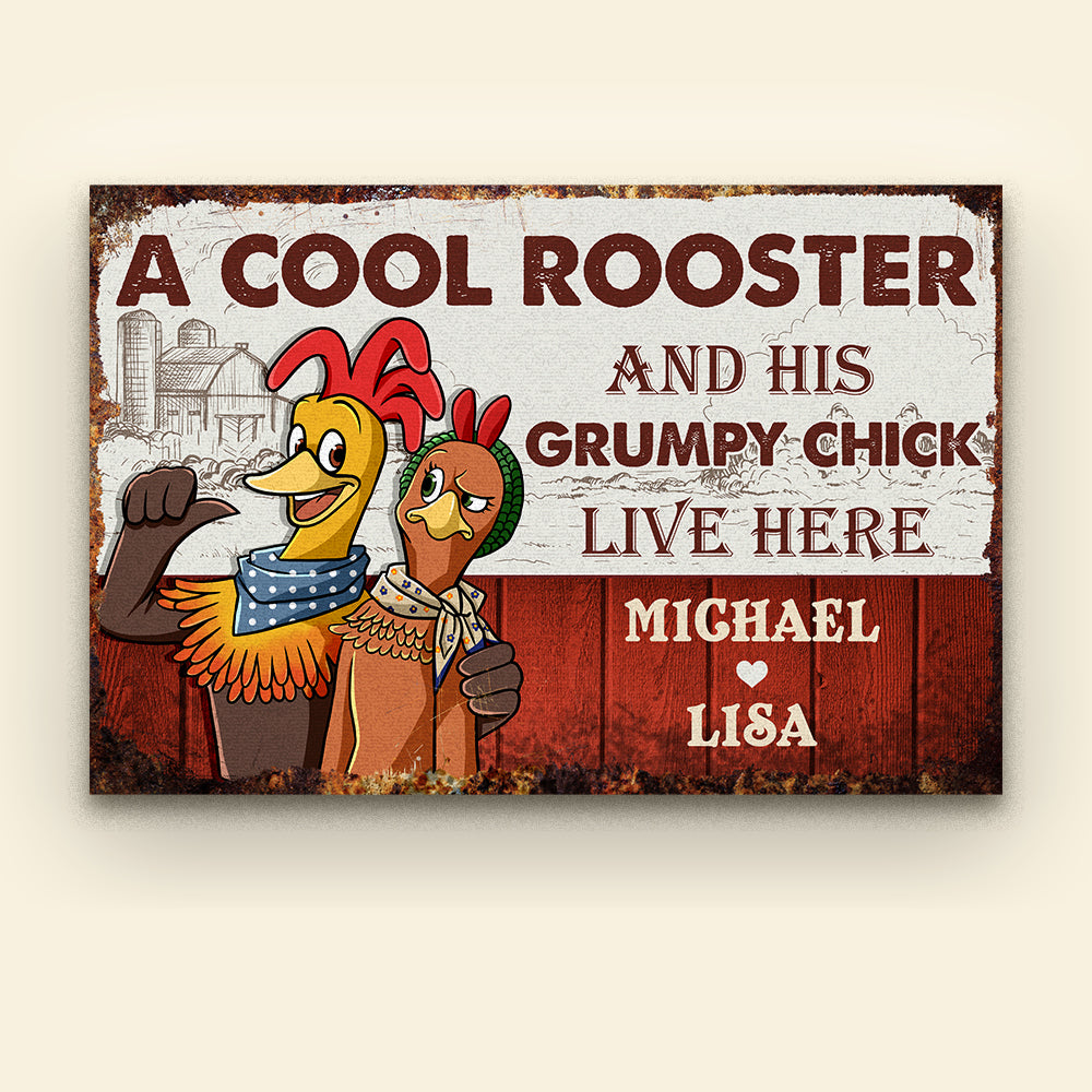 A Cool Rooster And His Grumpy Chick Live Here - Personalized Doormat - Doormat - GoDuckee