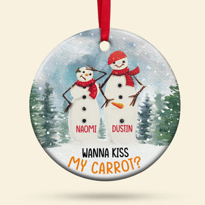 Couple Snowman Ceramic Circle Ornament, Personalized Christmas Gift, Wanna Kiss My Carrot - Ornament - GoDuckee