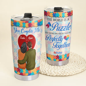 The World Is A Puzzle And We're Two Pieces That Fit Perfectly Together, Couple Red Heart Personalized Tumbler - Tumbler Cup - GoDuckee