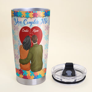 The World Is A Puzzle And We're Two Pieces That Fit Perfectly Together, Couple Red Heart Personalized Tumbler - Tumbler Cup - GoDuckee