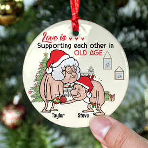 Love Is Supporting Each Other In Old Age, Wacky Old Couple Personalized Ceramic Ornament - Ornament - GoDuckee