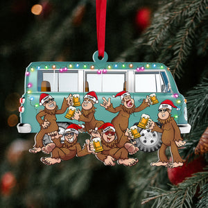 Camping Cheer Monkey Beer And Car, Monkey Cheer Acrylic Personalized Shape Ornament - Ornament - GoDuckee