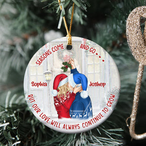 Couple Kissing Under Mistletoes Personalized Ceramic Circle Ornament - Ornament - GoDuckee