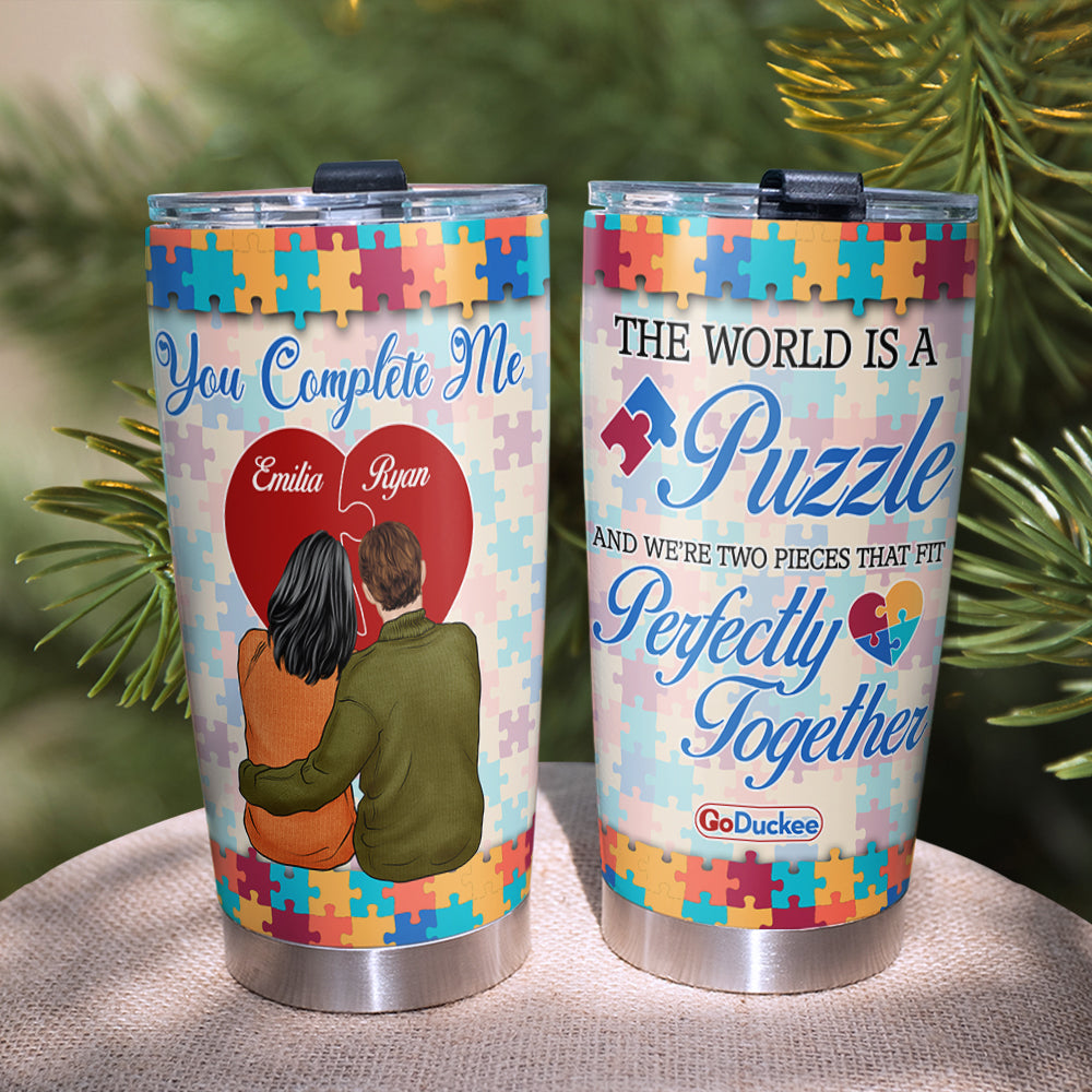 The World Is A Puzzle And We're Two Pieces That Fit Perfectly Together, Couple Red Heart Personalized Tumbler - Tumbler Cup - GoDuckee