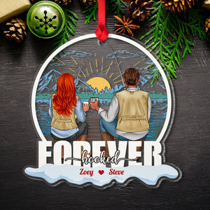 Fishing Couple Forever Hooked Personalized Acrylic Custom Shape Ornament - Ornament - GoDuckee
