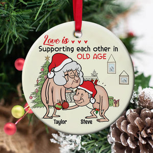 Love Is Supporting Each Other In Old Age, Wacky Old Couple Personalized Ceramic Ornament - Ornament - GoDuckee