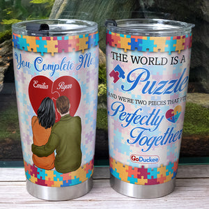 The World Is A Puzzle And We're Two Pieces That Fit Perfectly Together, Couple Red Heart Personalized Tumbler - Tumbler Cup - GoDuckee