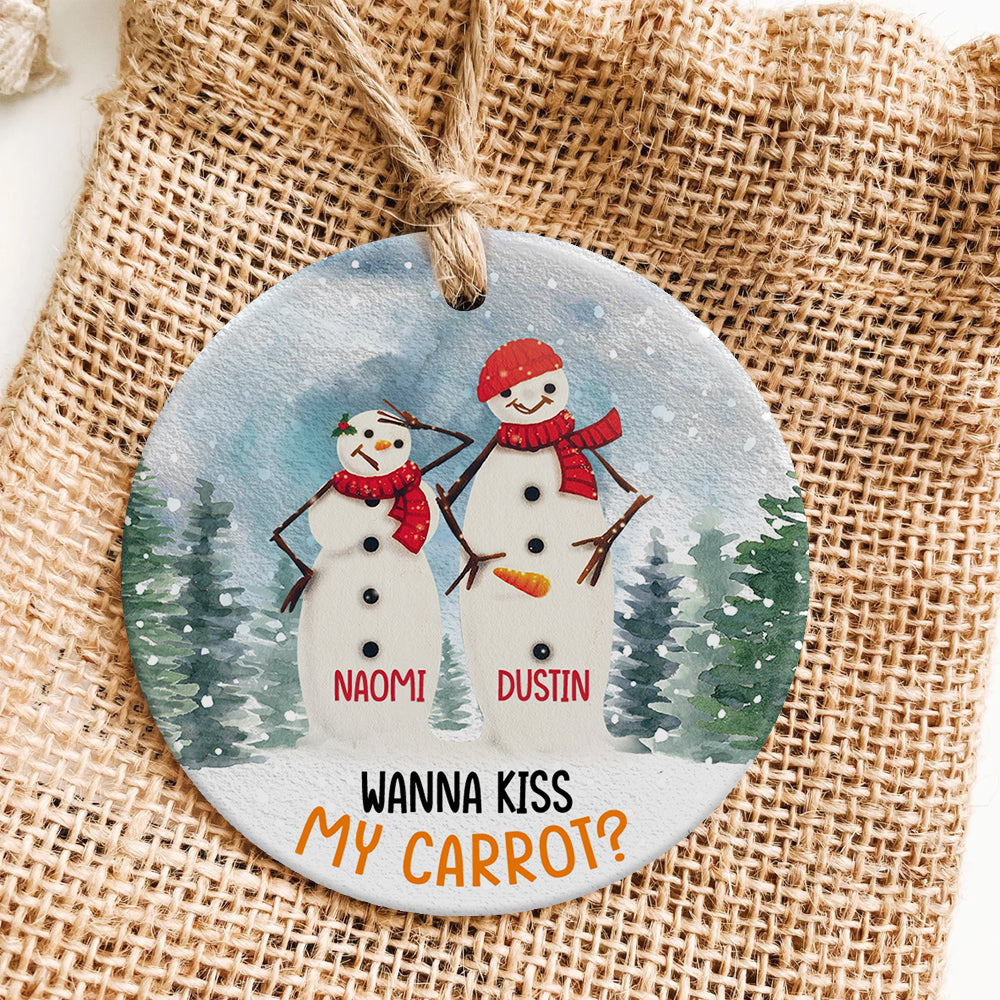 Couple Snowman Ceramic Circle Ornament, Personalized Christmas Gift, Wanna Kiss My Carrot - Ornament - GoDuckee