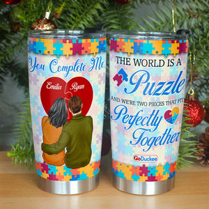 The World Is A Puzzle And We're Two Pieces That Fit Perfectly Together, Couple Red Heart Personalized Tumbler - Tumbler Cup - GoDuckee
