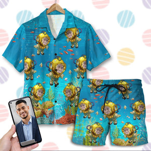 Scuba Diving Deep Diving Under The Seas Custom Face Image, Personalized Hawaiian Shirt and Men Beach Shorts, Summer Gifts for Men - Hawaiian Shirts - GoDuckee