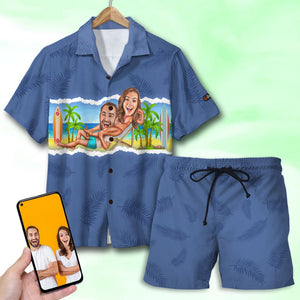 Couple And Beach Background - Custom Photo Hawaiian Shirt, Aloha Shirt and Men Beach Shorts - Hawaiian Shirts - GoDuckee