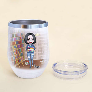 Personalized Library Girl With A Stack of Books Wine Tumbler - A Woman Cannot Survive On Books Alone - Wine Tumbler - GoDuckee