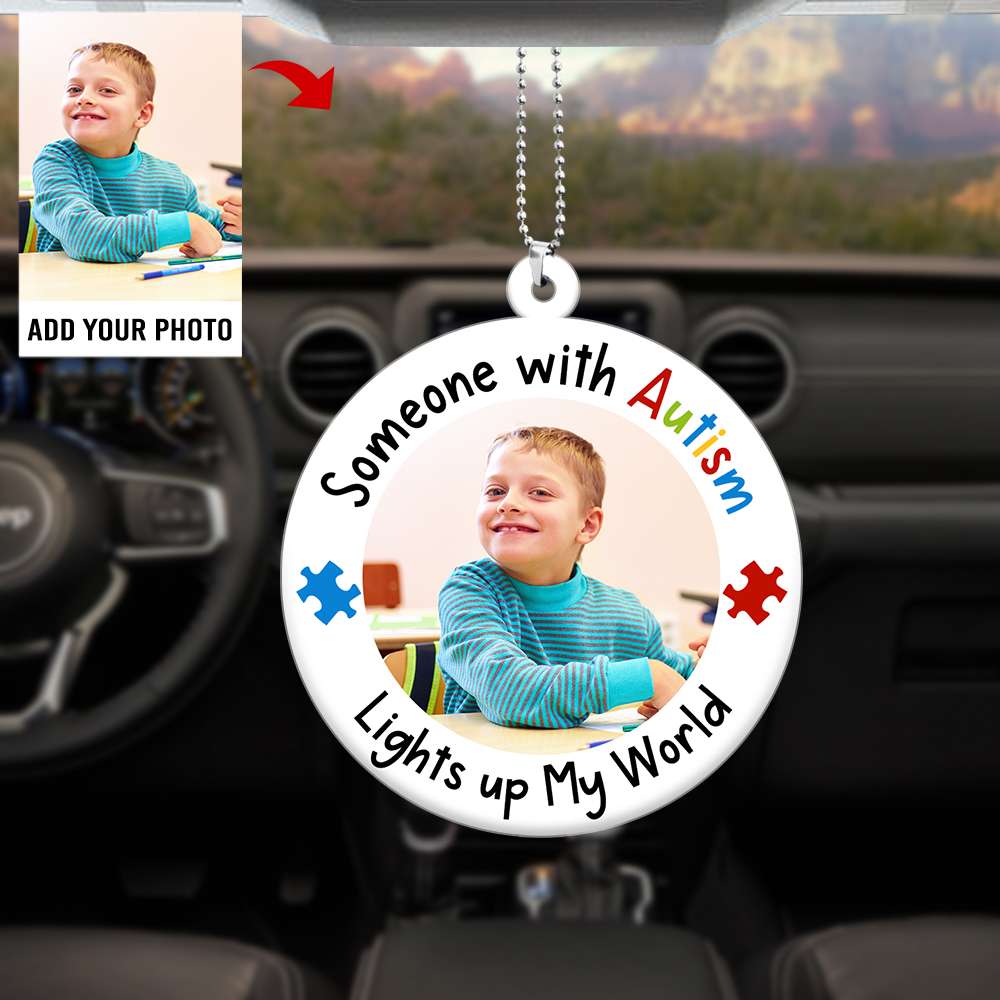 Autism Someone With Autism Lights Up My World - Personalized Flat Car Ornament - Ornament - GoDuckee