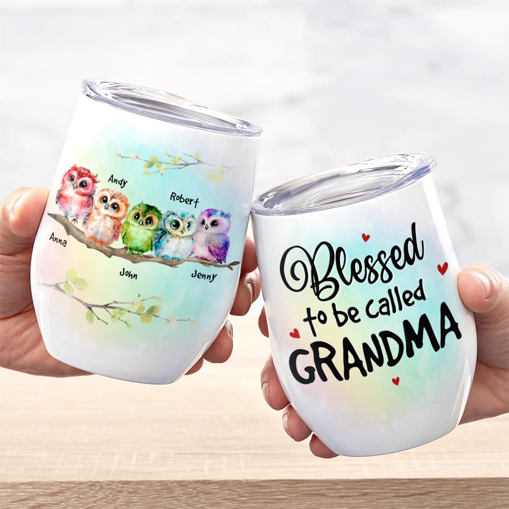 Blessed To Be Called Grandma - Mother's Day Gift - Mother's Day Personalized Owl Grandma Cute Wine Tumbler - Gift For Family - Wine Tumbler - GoDuckee