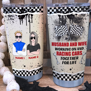 Personalized Racing Father and Son Tumbler - Working on and racing cars together for life - Checkered Pattern - Tumbler Cup - GoDuckee